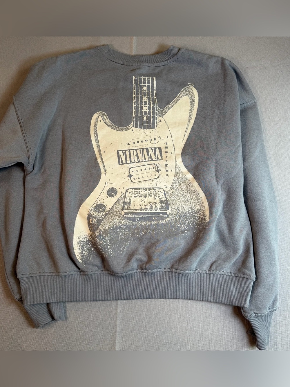 NIRVANA H&M Divided Women’s szS Gray Sweatshirt with Cream Guitar Back Graphic